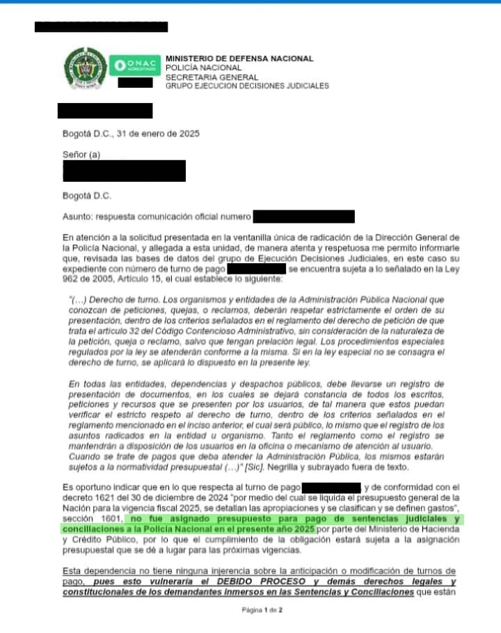Comunicado oficial Policía Nacional - No pago sentencias 2025