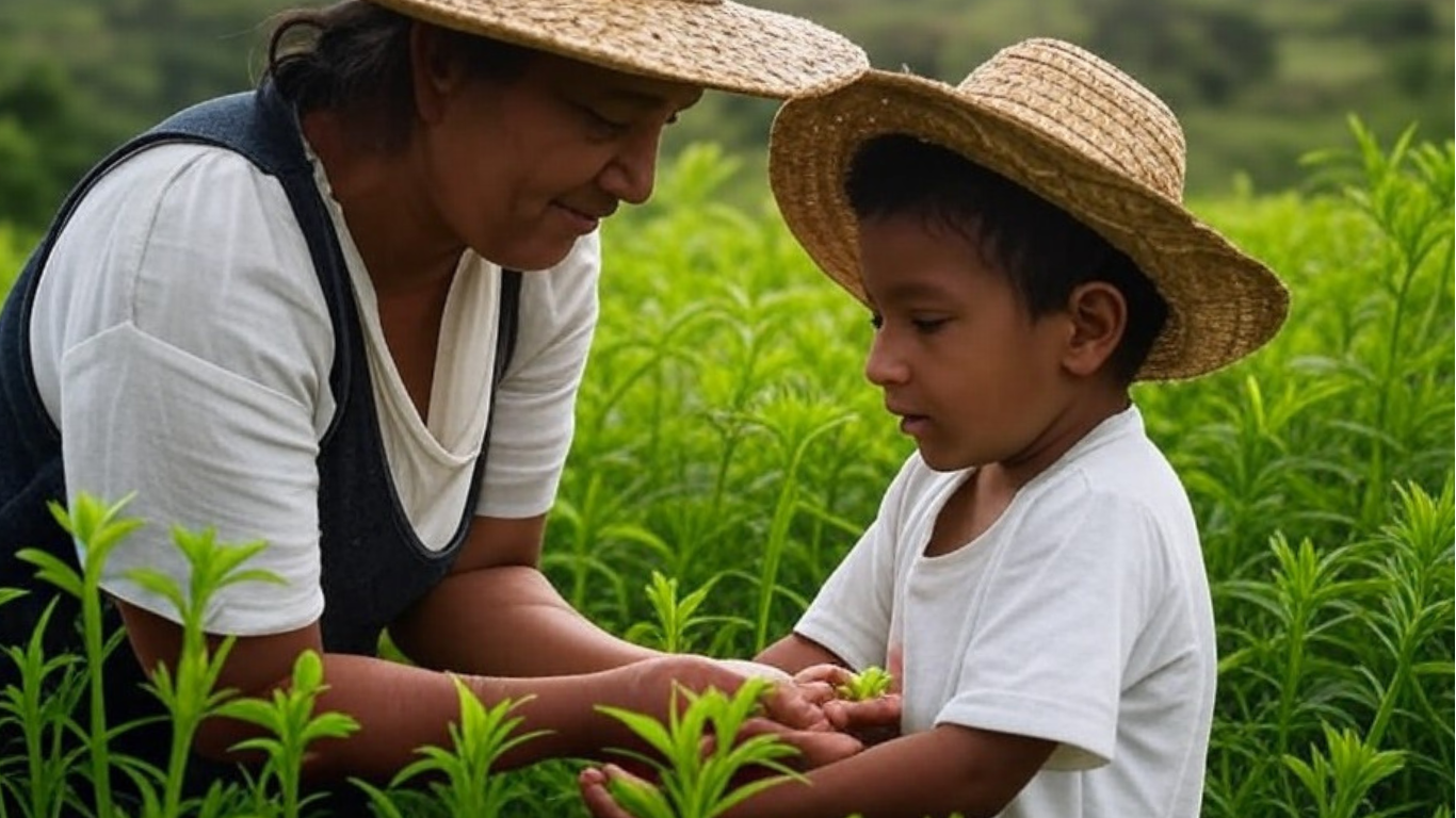 Familia campesina trabajando en el campo